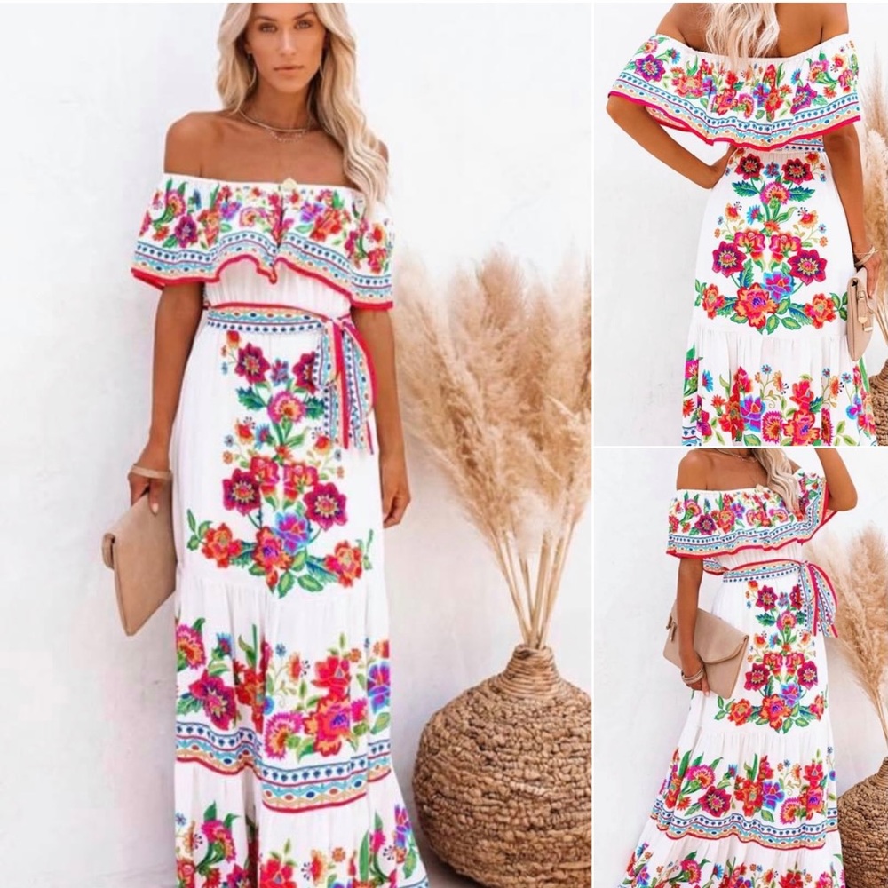 🆕❤️ vibrant print maxi dress/ruffle neckline detail, on/off shoulder